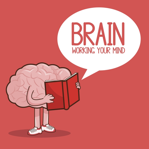 BRAIN WORKING YOUR  MIND라고 적혀있고, 뇌 모양의 캐릭터가 팔이 달려서 책을 들고 읽고있다.