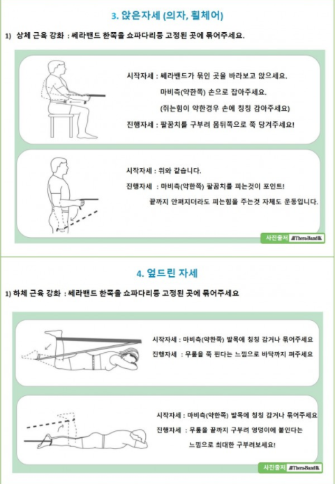 3. 앉은자세(의자, 휠체어) 1)상체근육강화 : 쎄라밴드 한쪽을 쇼파다리등 고정된 곳에 묶어주세요. 시작자세 : 쎄라밴드가 묶인 곳을 바라보고 앉으세요. 마비측(약한쪽) 손으로 잡아주세요.(쥐는힘이 약한 경우 손에 칭칭 감아주세요) 진행자세: 팔꿈치를 구부려 몸 뛰쪽으로 쭉 당겨주세요! / 시작자세: 위와 같습니다. 진행자세 : 마비측(약한쪽), 팔꿈치를 피는 것이 포인트! 끝까지 안펴지도라도 피는 힘을 주는 것 자체도 운동입니다.  / 4.엎드린 자세. 1) 하체 근육 강화 : 쎄라밴드 한쪽을 쇼파다리 등 고정된 곳에 묶어주세요. 시작자세 : 마비측(약한쪽) 발목에 칭칭 감거나 묶어주세요. 진행자세 : 무릎을 쭉 핀다는 느낌으로 바닥까지 펴주세요. / 시작자세 : 마비측(약한쪽) 발목에 칭칭 감거나 묶어주세요. 진행자세 : 무릎을 쭉 핀다는 느낌으로 바닥까지 펴주세요. / 시작자세 : 마비측(약한쪽) 발목에 칭칭 감거나 묶어주세요. 진행자세 : 무릎을 끝까지 구부려 엉덩이에 붙인다는 느낌으로 최대한 구부려보세요!
