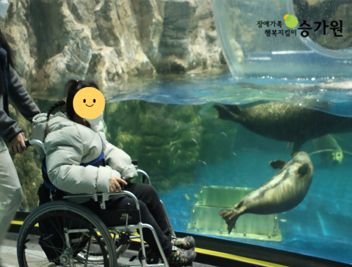 상단 오른쪽에는 장애가족 행복지킴이 승가원ci/ 장애가족이 휠체어에 앉아 물속에서 헤엄치는 물개를 바라보는 모습
