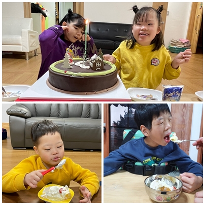 후원가족님이 전해주신 케이크를 맛있게 먹고 있는 장애아동들