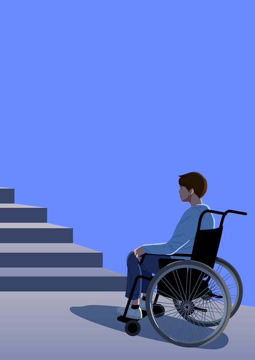 [장애정보] 휠체어를 탄 한 남성이 건물 계단을 올라가지 못해 어려워하고 있는 모습의 그림/ 출처 게티이미지뱅
