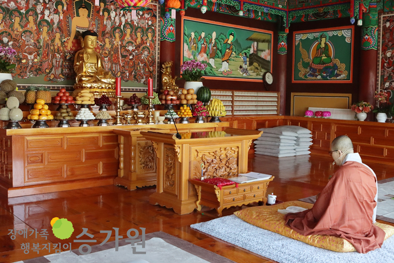 부처님오신날 봉축법요식 현장, 법당에서 묘전스님이 부처님 전에 앉아 기도를 드리고 있는 모습 / 장애가족행복지킴이 승가원ci 삽입