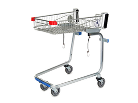 휠체어용으로 제작되어 앞쪽 바퀴기둥이 생략되어있고 높이가 낮춰진 쇼핑카트