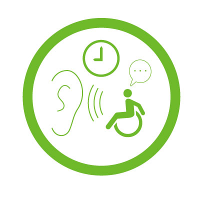 12월의 장애에티켓이라는 문구 아래 휠체어에 앉은 사람이 말을 하는 그림 그리고 큰 귀가 함께 그려져 있다. 그 위에는 시계가 그려져 시간이 필요함을 표현하고 있다.