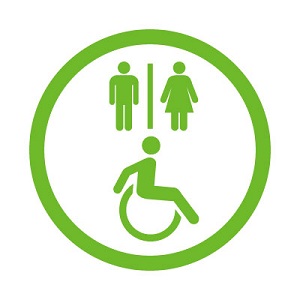 화장실 픽토그램(남자사람과 여자사람이 칸막이로 나뉘어져 있는 그림) 아래 휠체어탄 사람 기호가 그려져 있다.●
