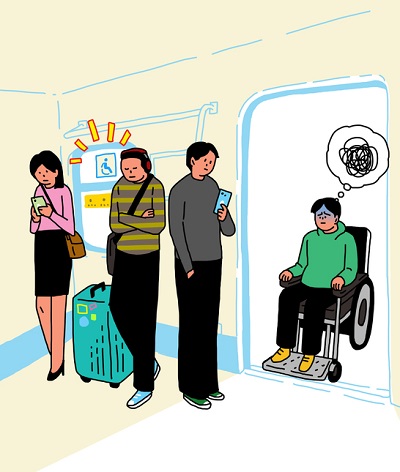 지하철에 탑승하고 있는 휠체어를 탄 장애인이 장애인 좌석에 사람들이 많아 불편함을 느끼고 있는 일러스트
