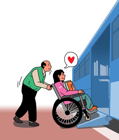 저상버스에 기사님께서 휠체어를 탄 장애인을 도와주고 있는 일러스트