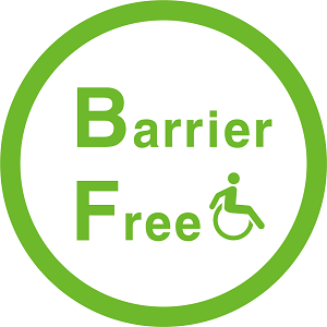 녹색의 'Barrer Free'라고 적힌 글씨와 장애인 픽토그램이 원 안에 들어가 있는 마크