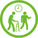 승가원 장애바로알기 픽토그램. 두 명의 사람이 걷는 모습인데 한 명은 보조기구를 이용해 걷는 모습이며 한 명은 나란히 걷는 모습. 두 사람 위에는 시계 모양이 있다. 