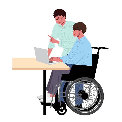 책상 앞에 휠체어를 사용하는 남성 1명과 안경을 쓴 비장애인 남성이 서있다. 책상에 놓인 노트북을 함께 보고 있다