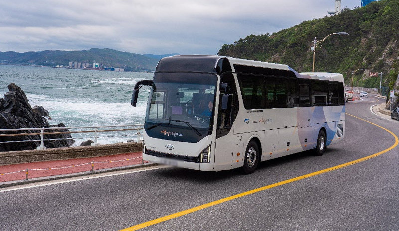 서울시에서 운영 중인 장애인버스의 모습, 버스 한대가 바다 옆 도로를 지나가고 있다. 출처 서울시