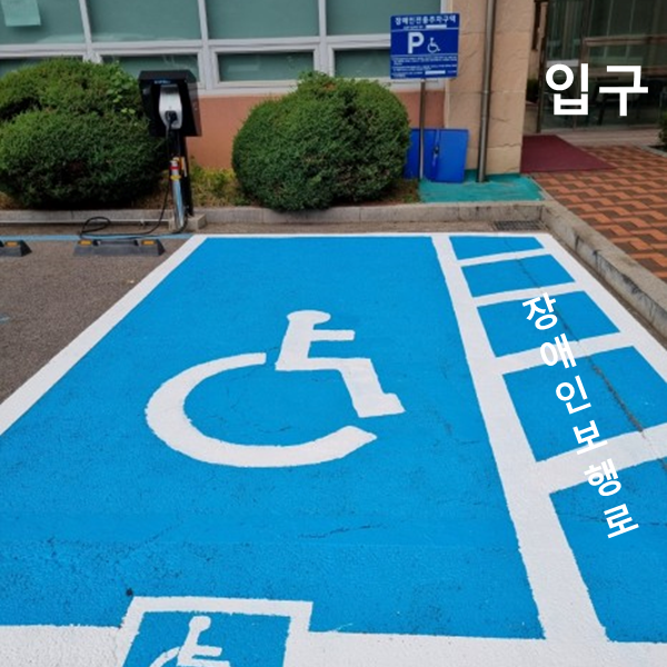 장애인용 주차구역의 실제 사진, 건물 출입구 근처에 파란색 페인트와 휠체어 마크로 표시되어 있다. 주차위치 오른쪽에는 휠체어나 보조기구가 오갈 수 있는 보행로 공간도 마련되어 있다.
