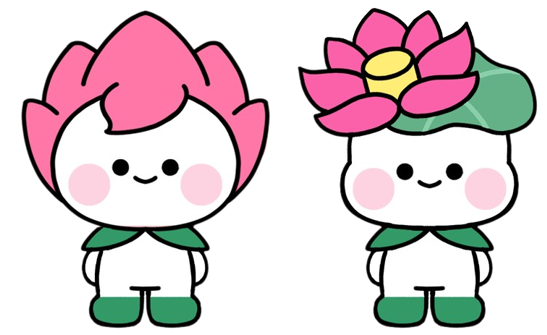 두 명의 승가원 캐릭터 사진이다. 왼쪽에는 핑크색 연꽃 모자를 쓰고 있는 동그란 얼굴을 가진 캐릭터와, 오른쪽에는 연꽃잎 모자를 쓴 땅콩형 얼굴을 가진 캐릭터다.